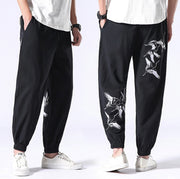 Buddha Stones White Crane Embroidery Design Drawstring Men's Harem Pants With Pockets Men's Harem Pants BS 10