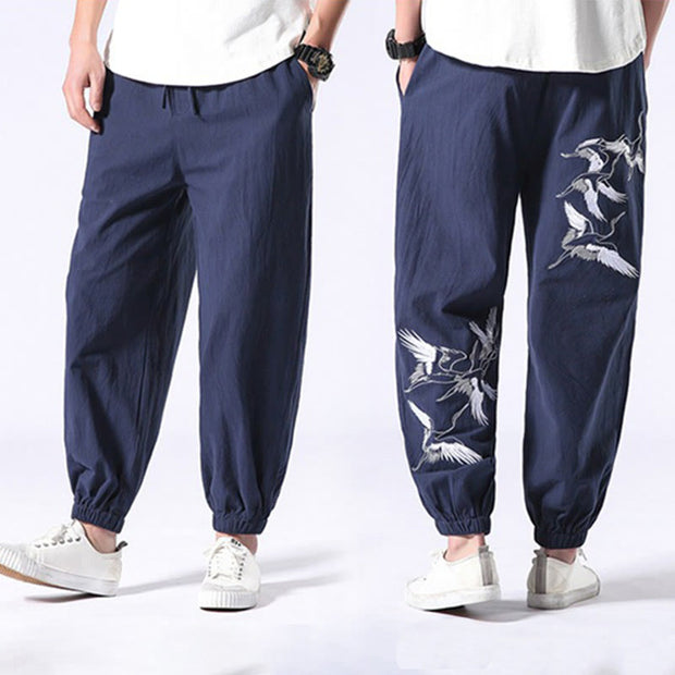 Buddha Stones White Crane Embroidery Design Drawstring Men's Harem Pants With Pockets Men's Harem Pants BS 28