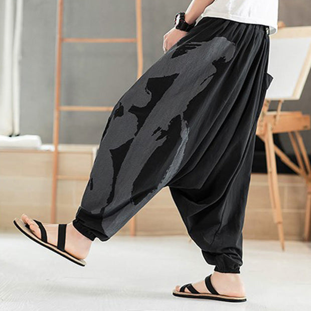 Buddha Stones Simple Summer Calligraphy Cotton Men's Harem Pants With Pockets Men's Harem Pants BS 7