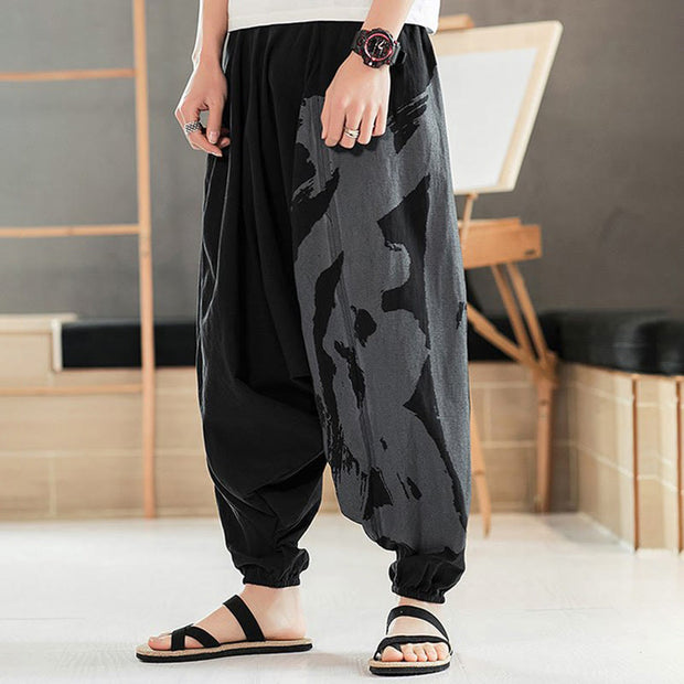 Buddha Stones Simple Summer Calligraphy Cotton Men's Harem Pants With Pockets Men's Harem Pants BS 3