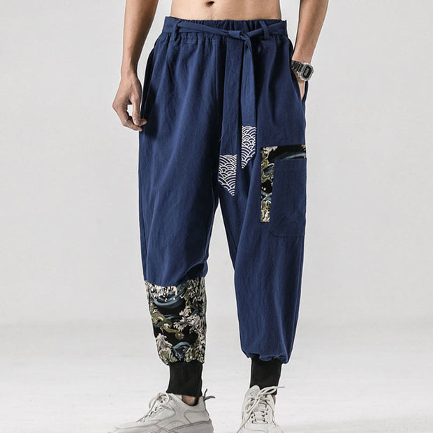 Buddha Stones Ocean Waves Lace-up Cotton Men's Harem Pants With Pockets Men's Harem Pants BS 36