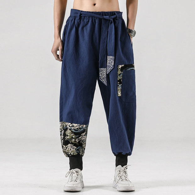 Buddha Stones Ocean Waves Lace-up Cotton Men's Harem Pants With Pockets Men's Harem Pants BS 32