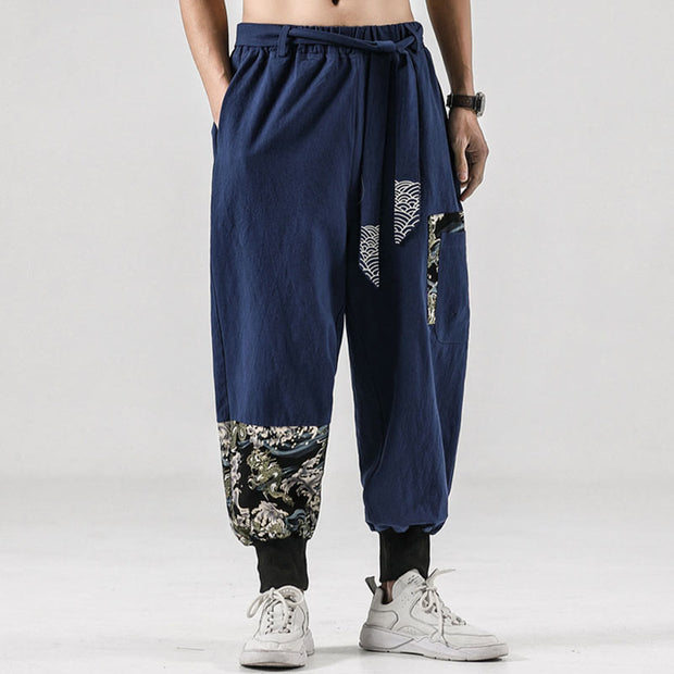 Buddha Stones Ocean Waves Lace-up Cotton Men's Harem Pants With Pockets Men's Harem Pants BS 34