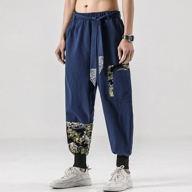 Buddha Stones Ocean Waves Lace-up Cotton Men's Harem Pants With Pockets Men's Harem Pants BS 35