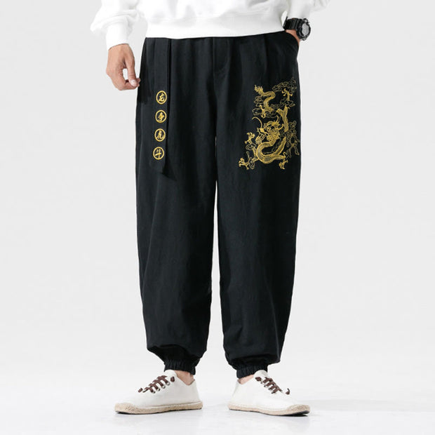 Buddha Stones Auspicious Clouds Dragon Cotton Men's Pants With Pockets Men's Pants BS 2