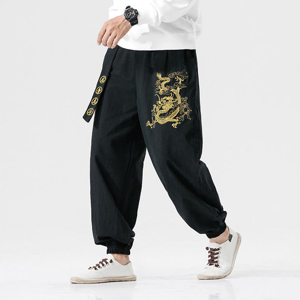 Buddha Stones Auspicious Clouds Dragon Cotton Men's Pants With Pockets Men's Pants BS 4