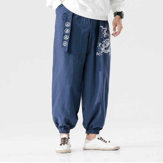 Buddha Stones Auspicious Clouds Dragon Cotton Men's Pants With Pockets Men's Pants BS 12