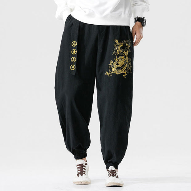 Buddha Stones Auspicious Clouds Dragon Cotton Men's Pants With Pockets Men's Pants BS 5