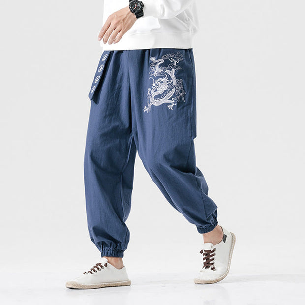 Buddha Stones Auspicious Clouds Dragon Cotton Men's Pants With Pockets Men's Pants BS 13