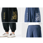 Buddha Stones Auspicious Clouds Dragon Cotton Men's Pants With Pockets Men's Pants BS 14