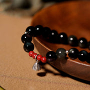 Buddha Stones Natural Black Obsidian Cinnabar Lotus Charm Strength Fulfillment Bracelet Bracelet BS 1