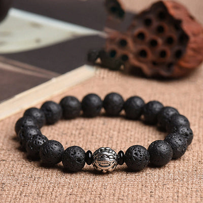 Buddha Stones Lava Rock Beads White Copper PiXiu Wealth Bracelet Bracelet BS 14mm Lava Rock(Wrist Circumference 14-16cm)