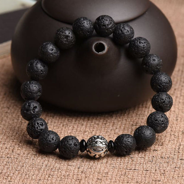 Buddha Stones Lava Rock Beads White Copper PiXiu Wealth Bracelet Bracelet BS 8