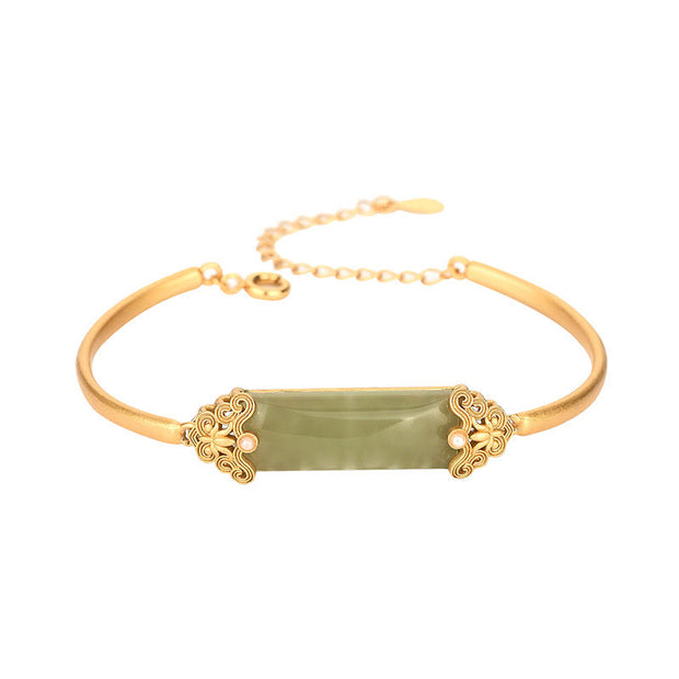 Buddha Stones Hetian Jade 24K Gold Plated Luck Bracelet Bangle