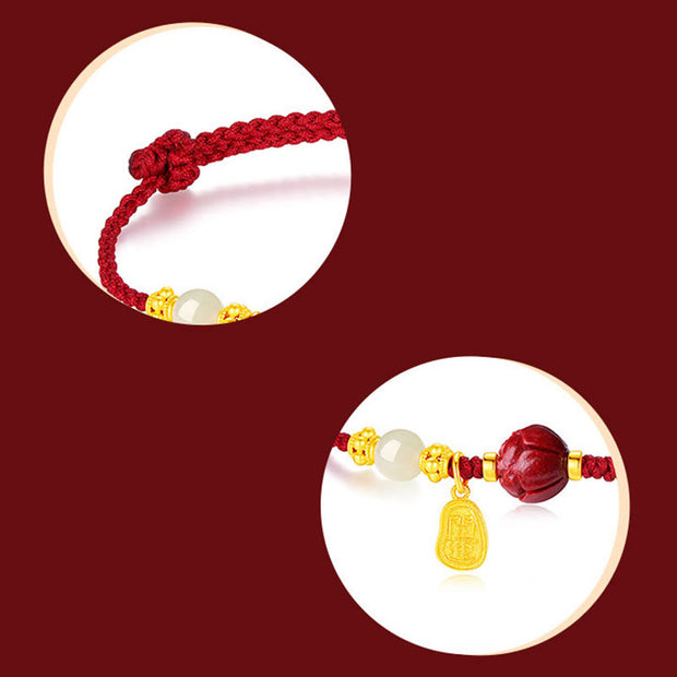 Buddha Stones Fu Character Jade Cinnabar 24K Gold Plated Luck Red String Bracelet Bracelet BS 12