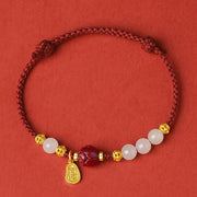 Buddha Stones Fu Character Jade Cinnabar 24K Gold Plated Luck Red String Bracelet