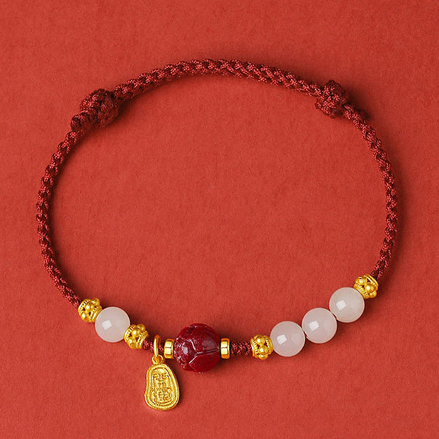 Buddha Stones Fu Character Jade Cinnabar 24K Gold Plated Luck Red String Bracelet Bracelet BS 1