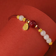 Buddha Stones Fu Character Jade Cinnabar 24K Gold Plated Luck Red String Bracelet