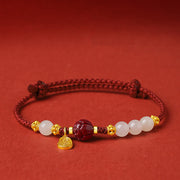 Buddha Stones Fu Character Jade Cinnabar 24K Gold Plated Luck Red String Bracelet