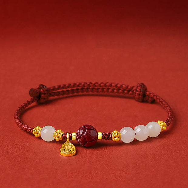 Buddha Stones Fu Character Jade Cinnabar 24K Gold Plated Luck Red String Bracelet