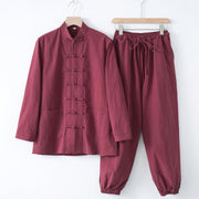 Buddha Stones Meditation Frog-Button Tang Long Sleeve Shirt Pants Men's Suit Men's Meditation Cloth BS Maroon Shirt&Maroon Pant 4XL(Fit for US/UK/AU44; EU54)