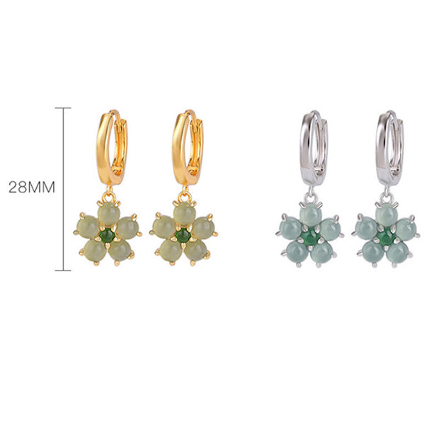 Buddha Stones 925 Sterling Silver Plated Gold Green Jade Flower Design Luck Prosperity Earrings Earrings BS 10