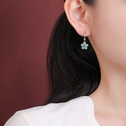 Buddha Stones 925 Sterling Silver Plated Gold Green Jade Flower Design Luck Prosperity Earrings Earrings BS 7