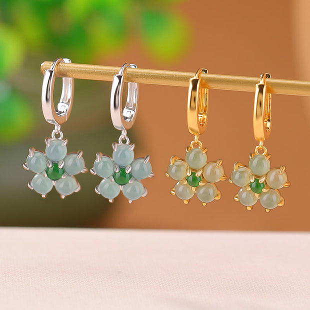 Buddha Stones 925 Sterling Silver Plated Gold Green Jade Flower Design Luck Prosperity Earrings Earrings BS 6