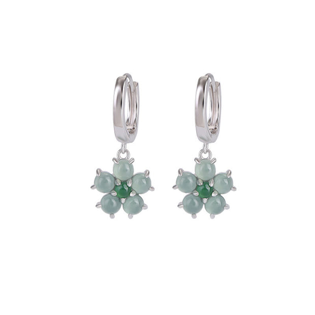 Buddha Stones 925 Sterling Silver Plated Gold Green Jade Flower Design Luck Prosperity Earrings Earrings BS 11