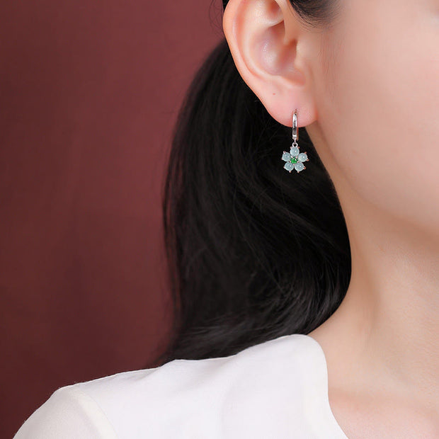 Buddha Stones 925 Sterling Silver Plated Gold Green Jade Flower Design Luck Prosperity Earrings