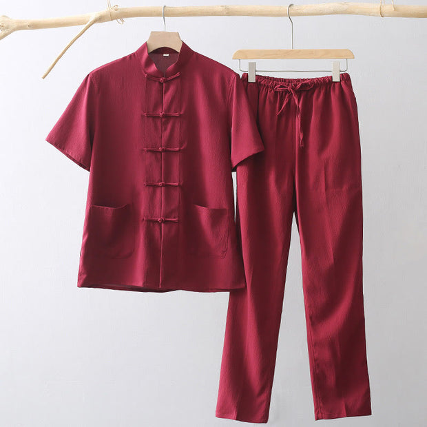 Buddha Stones Tang Frog-Button Short Sleeve Shirt Wide Leg Pants Men's Suit Men's Meditation Cloth BS Crimson 4XL(Fit for US/UK/AU44; EU54)