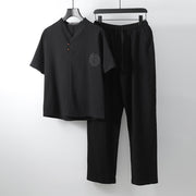 Buddha Stones Frog-Button Short Sleeve Shirt Wide Leg Pants Cotton Men's Suit Men's Meditation Cloth BS Black US/UK/AU54; EU64 (9XL)