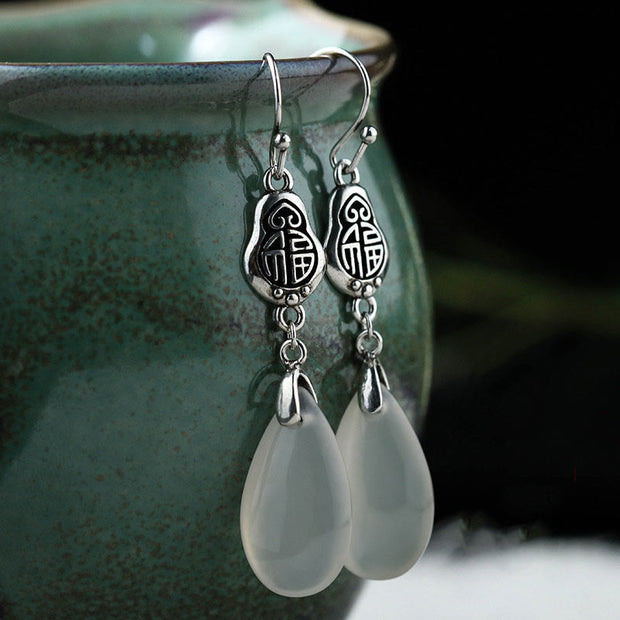 Buddha Stones 925 Sterling Silver Posts Natural Chalcedony Fu Character Positive Harmony Earrings Earrings BS 1