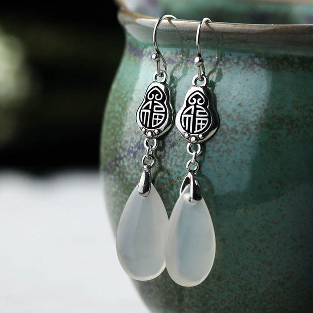 FREE Today: Happiness And Good Fortune 925 Sterling Silver Posts Natural Chalcedony Fu Character Earrings