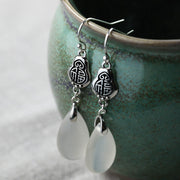 Buddha Stones Plated Silver Natural Chalcedony Fu Character Good Luck Happiness Earrings