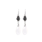 Buddha Stones Plated Silver Natural Chalcedony Fu Character Good Luck Happiness Earrings