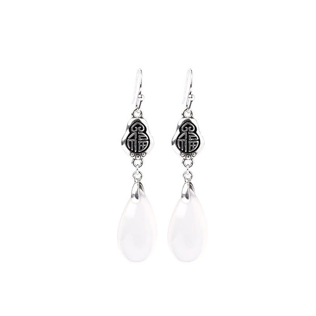 Buddha Stones Plated Silver Natural Chalcedony Fu Character Good Luck Happiness Earrings