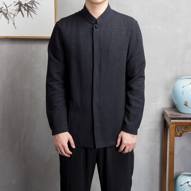 Buddha Stones Solid Color Chinese Tang Suit Cotton Linen Jacket Men Clothing Men's Shirts BS 8