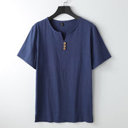 Buddha Stones Men's T-Shirt Solid Color Top Short Sleeve Three-button V Collar Soft Cotton Shirt