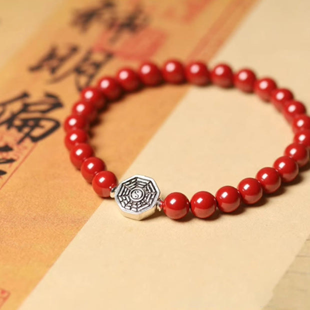 Buddha Stones 925 Sterling Silver Yin Yang Bagua Symbol Cinnabar String Concentration Bracelet Bracelet BS 15