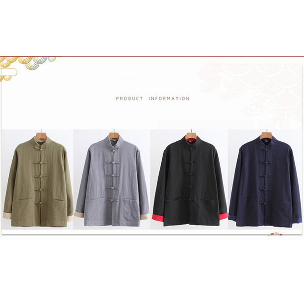 Buddha Stones Tang Frog-Button Long Sleeve Shirt Cotton Linen Men's Clothing Men's Shirts BS 5