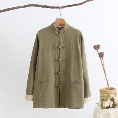 Buddha Stones Tang Frog-Button Long Sleeve Shirt Cotton Linen Men's Clothing