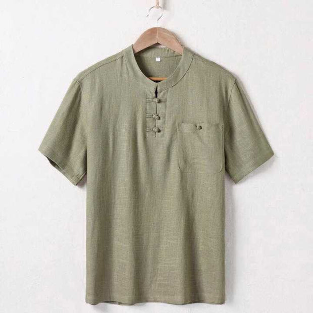 Buddha Stones Loose Men's Shirt Solid Color Stand Collar Top Short Sleeve Comfy Button Breathable Cotton Linen Shirt