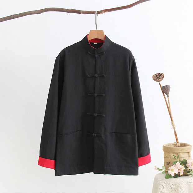 Buddha Stones Tang Frog-Button Long Sleeve Shirt Cotton Linen Men's Clothing Men's Shirts BS Black US/UK/AU44; EU54 (4XL)