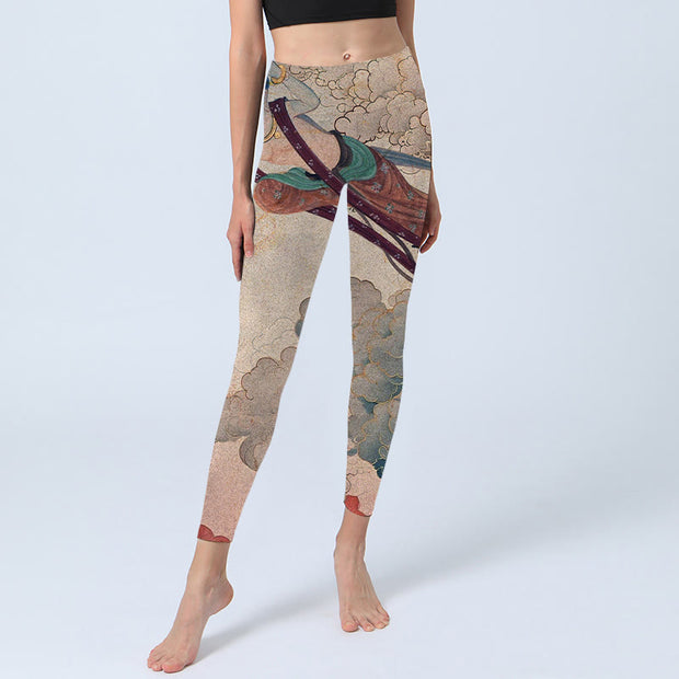 Buddha Stones Dunhuang Flying Apsaras Auspicious Clouds Print Fitness Leggings Women's Yoga Pants