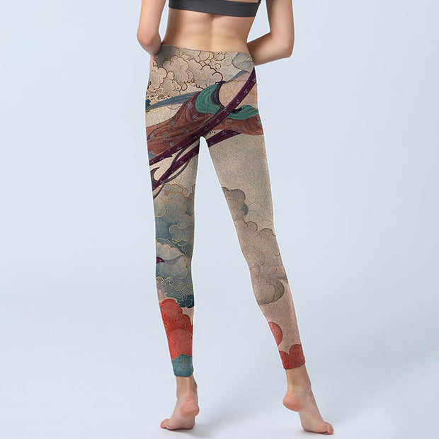 Buddha Stones Dunhuang Flying Apsaras Auspicious Clouds Print Fitness Leggings Women's Yoga Pants