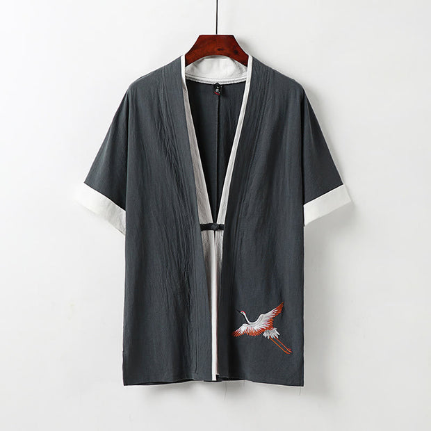 Buddha Stones Fake Two-piece Men's Half Sleeve Cardigan Embroidery Hanfu Comfort Cotton Shirt