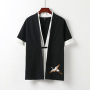 Buddha Stones Fake Two-piece Men's Half Sleeve Cardigan Embroidery Hanfu Comfort Cotton Shirt