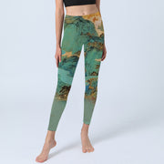 Buddha Stones Chinese Style Green Mountains Landscape Print Lycra Fabric Fitness Leggings Women's Yoga Pants