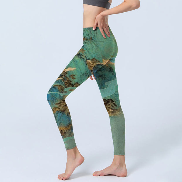 Buddha Stones Chinese Style Green Mountains Landscape Print Lycra Fabric Fitness Leggings Women's Yoga Pants Leggings BS 2